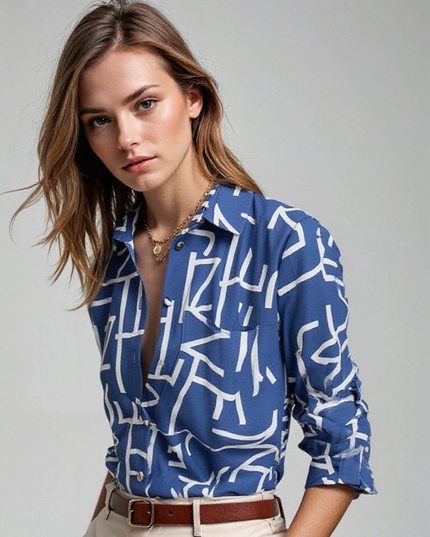 Women's Wrap Collar Blouse – Elegant Smart Casual Top Blue-White Focus