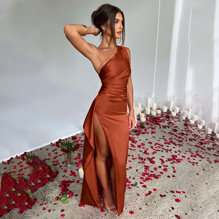 Elegant One-Shoulder Backless Satin Dress with High Slit Brown Dresses