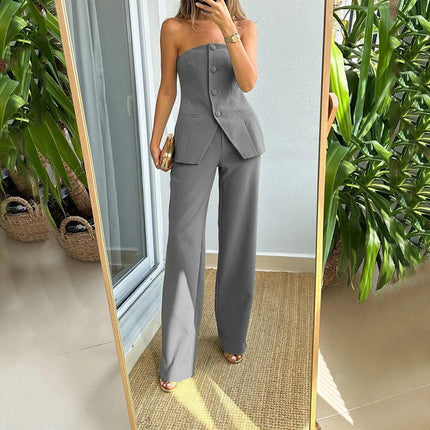 Elegant Women's Tube Top & Wide-Leg Pants Set Grey Sets