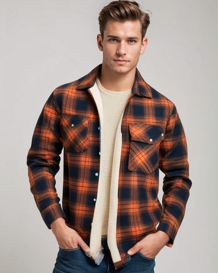 Men's Fleece-Lined Plaid Shirt Jacket Orange Men Shirts