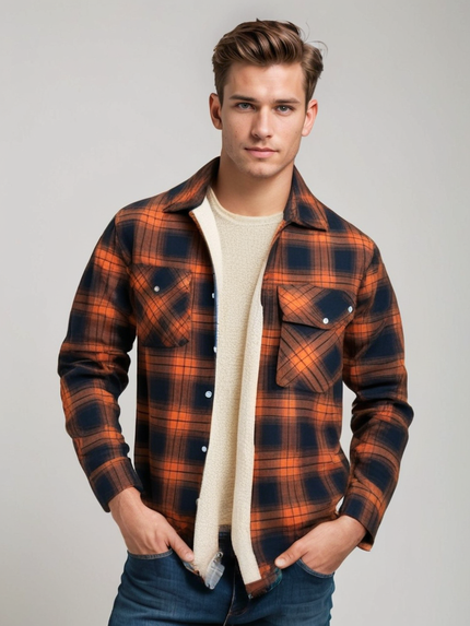 Men's Fleece-Lined Plaid Shirt Jacket Orange Men Shirts