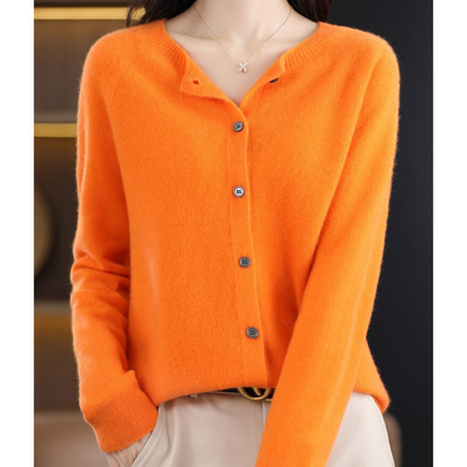 Pure Wool Ladies O-neck Cardigan Cashmere Sweater Orange Sweater