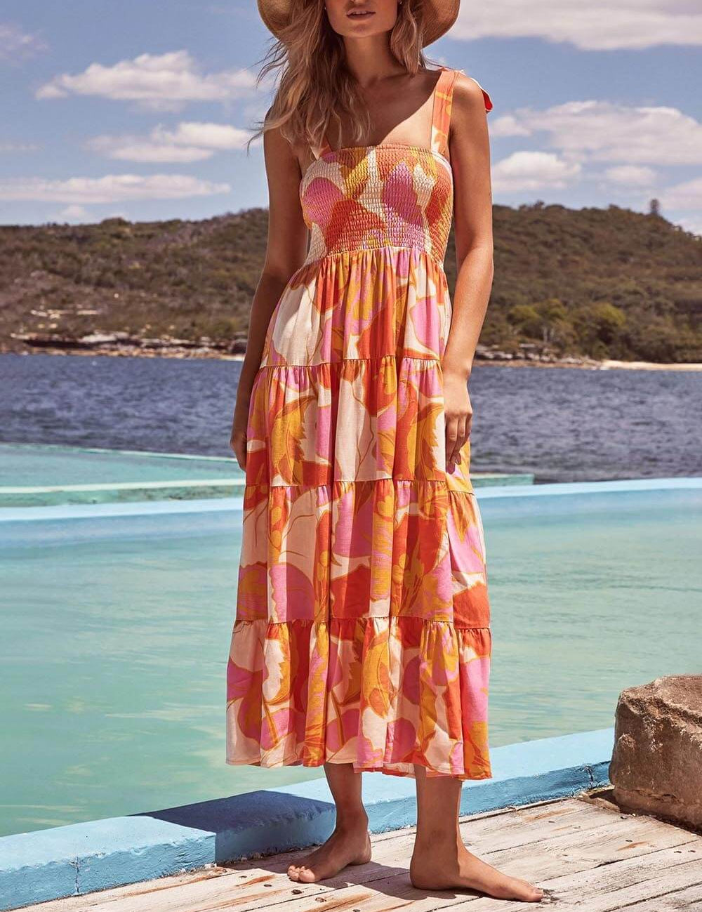 Sleeveless Sea Charm Pleated Stretch Chest Print Cami Dress Yellow Dresses