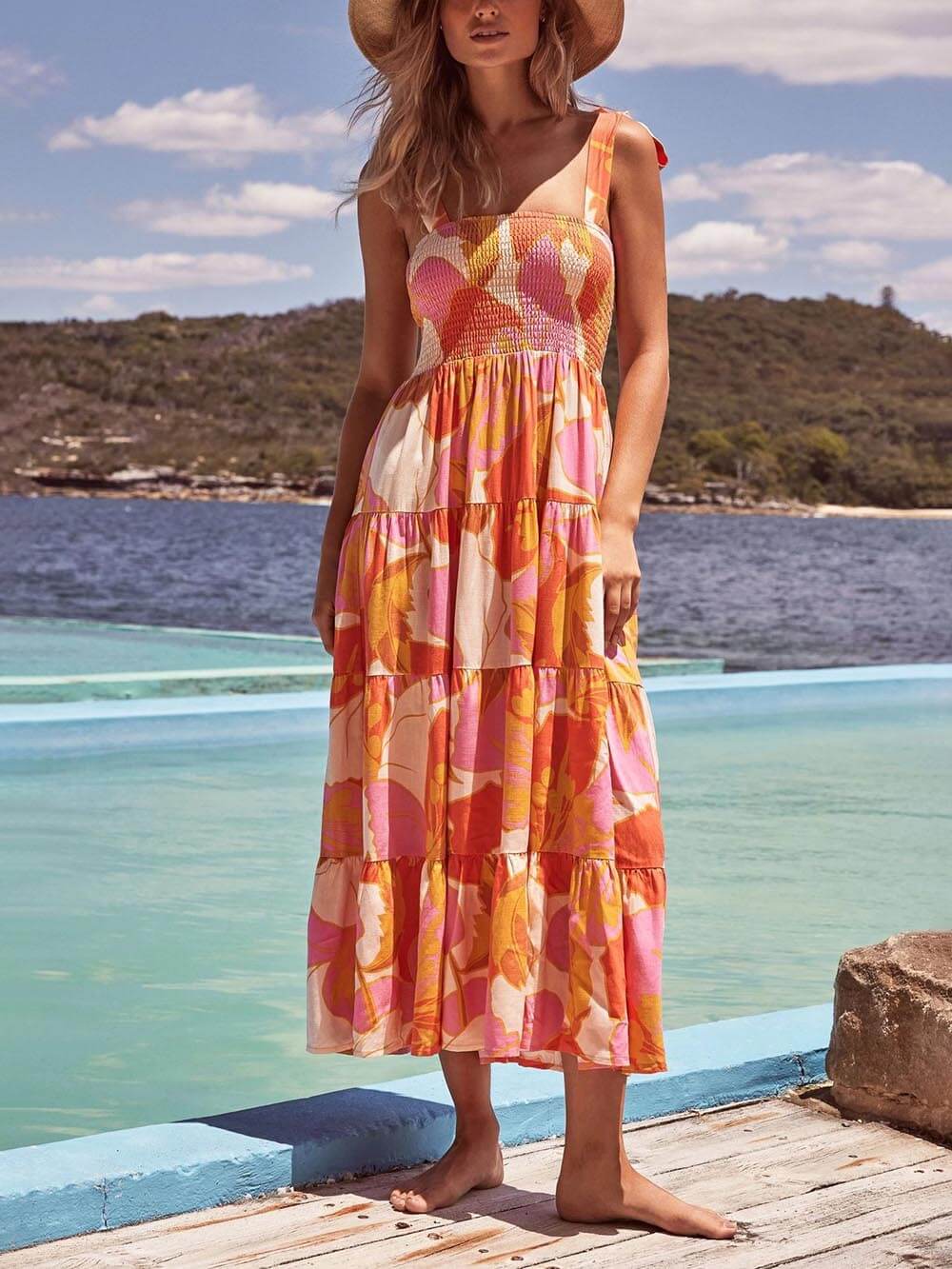 Sleeveless Sea Charm Pleated Stretch Chest Print Cami Dress Yellow Dresses