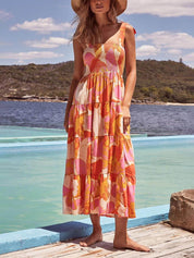 Sleeveless Sea Charm Pleated Stretch Chest Print Cami Dress Yellow Dresses