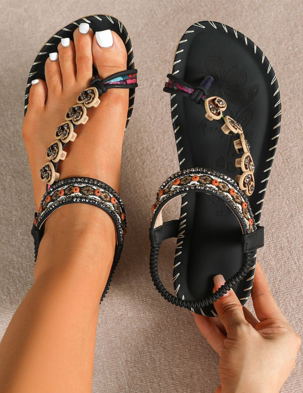 Toe Loop PU Leather Flats Sandals Black Women's Sandals