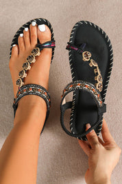 Toe Loop PU Leather Flats Sandals Black Women's Sandals