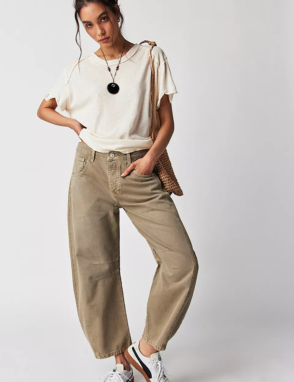 High-Stretch Mid-Rise Barrel Jeans Dark Khaki Cloth Women Pants