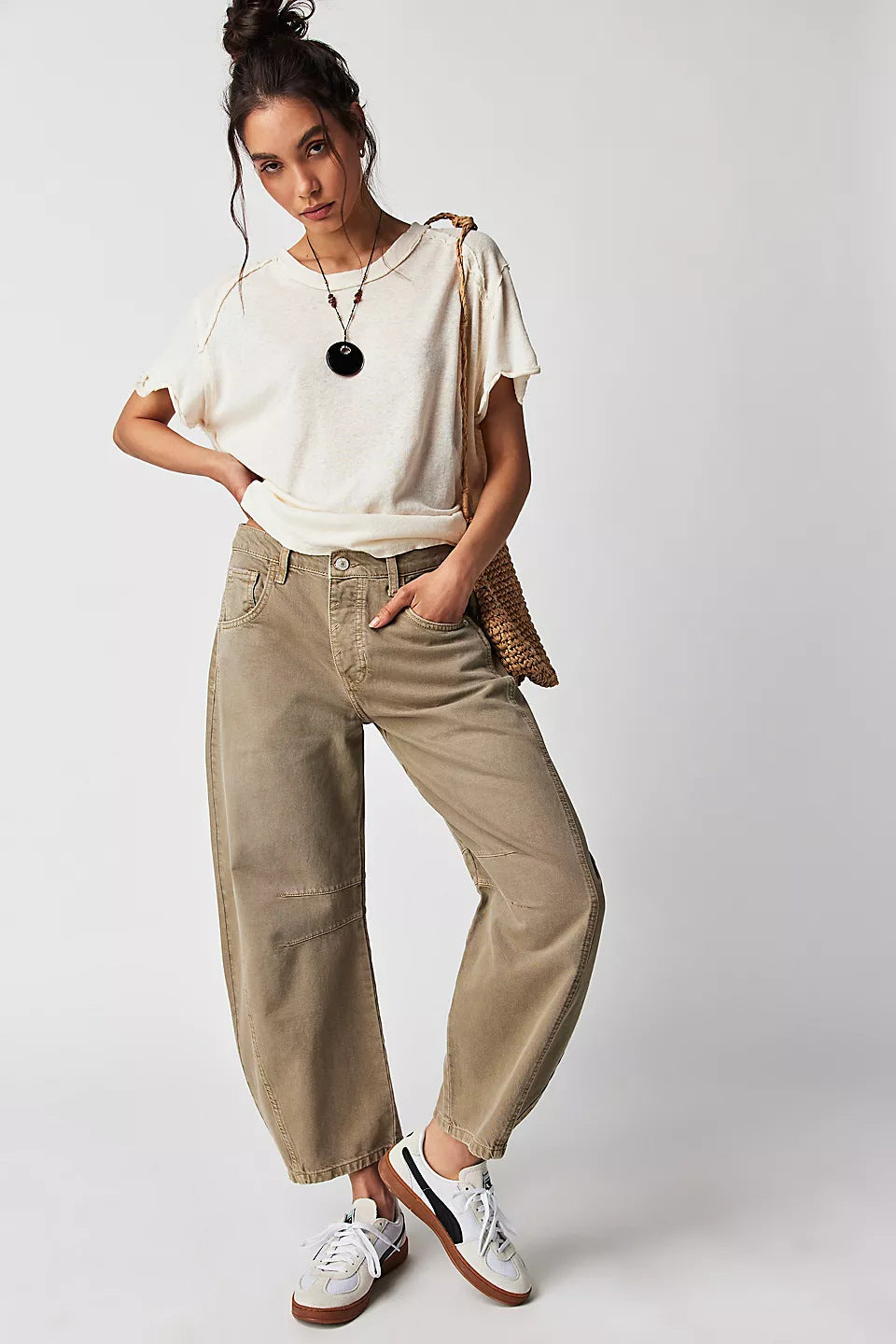 High-Stretch Mid-Rise Barrel Jeans Dark Khaki Cloth Women Pants