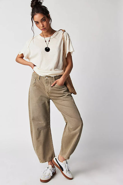 High-Stretch Mid-Rise Barrel Jeans Dark Khaki Cloth Women Pants