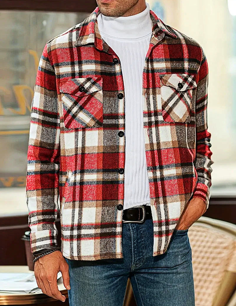 Men's Plaid Loose Cardigan Shirt Red-brown Cardigan Shirt