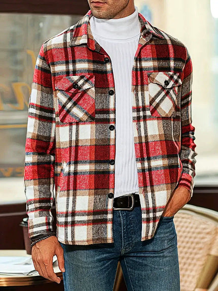 Men's Plaid Loose Cardigan Shirt Red-brown Cardigan Shirt