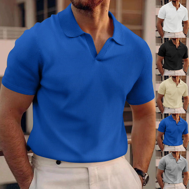 Men's INS Waffle Lapel Short-Sleeved Polo Shirt Sapphire Blue Polo Shirts