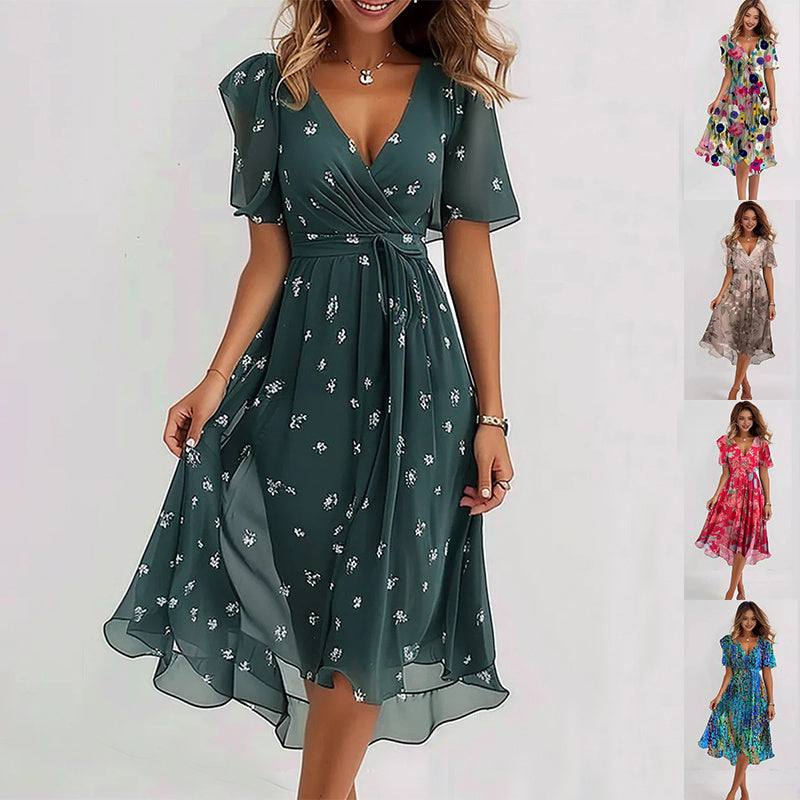 Women's Chiffon Printed V-Neck Dress Dress