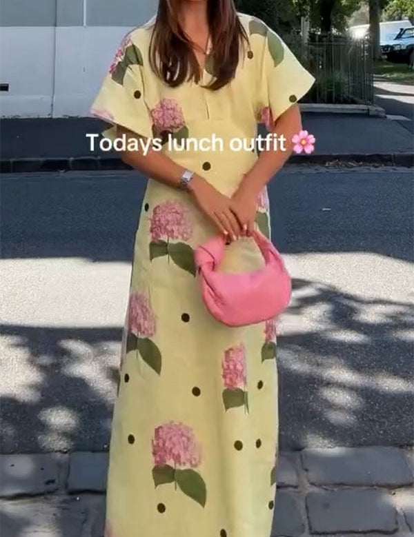 Jasmine Linen Blend Floral Polka Dot Wide Sleeve Shirt Maxi Dress Yellow Dresses