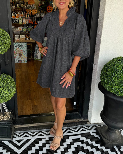 Lilette™ | Puff Sleeve Leaf Jacquard Mini Dress Black Dress