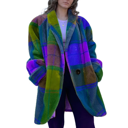 Stylish Female Plaid Woolen Coat Blue Woolen Coat