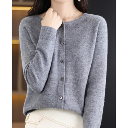 Pure Wool Ladies O-neck Cardigan Cashmere Sweater Grey Sweater