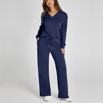 Women’s V‑Neck Long Sleeve Lounge Set Dark Blue Outfit Sets