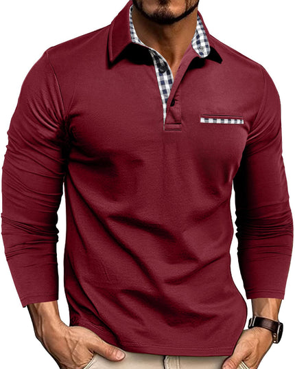 Casual Plaid Splicing Lapel Polo Shirt Fashion Solid Color Long Sleeve Top Men's Clothing Wine Red