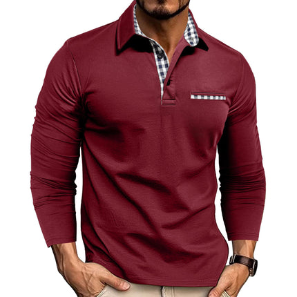 Casual Plaid Splicing Lapel Polo Shirt Fashion Solid Color Long Sleeve Top Men's Clothing Wine Red