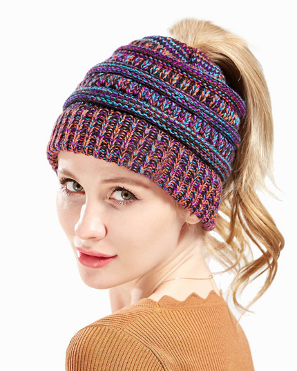 Women’s Mixed-Color Knitted Wool Ponytail Hat Hats