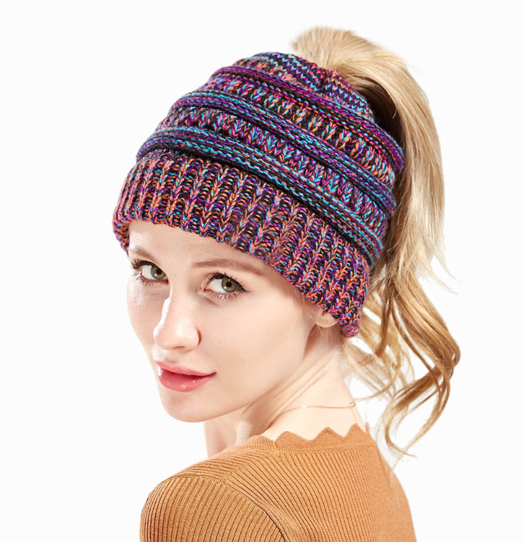 Women’s Mixed-Color Knitted Wool Ponytail Hat Hats