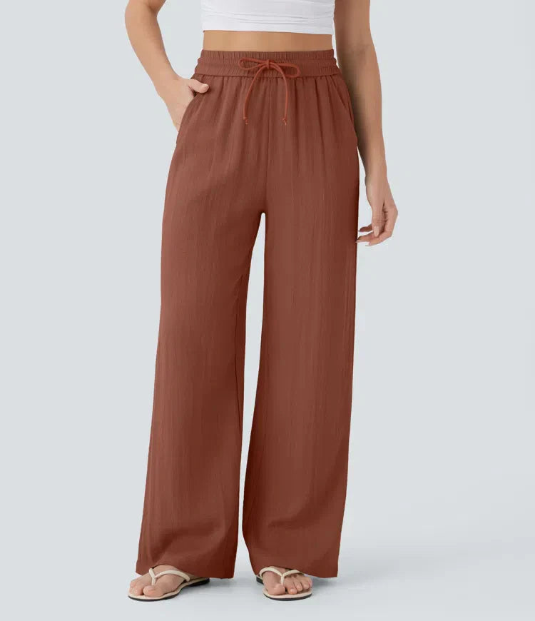 Elegant Linen Wide‑Leg Pants Red Women Pants