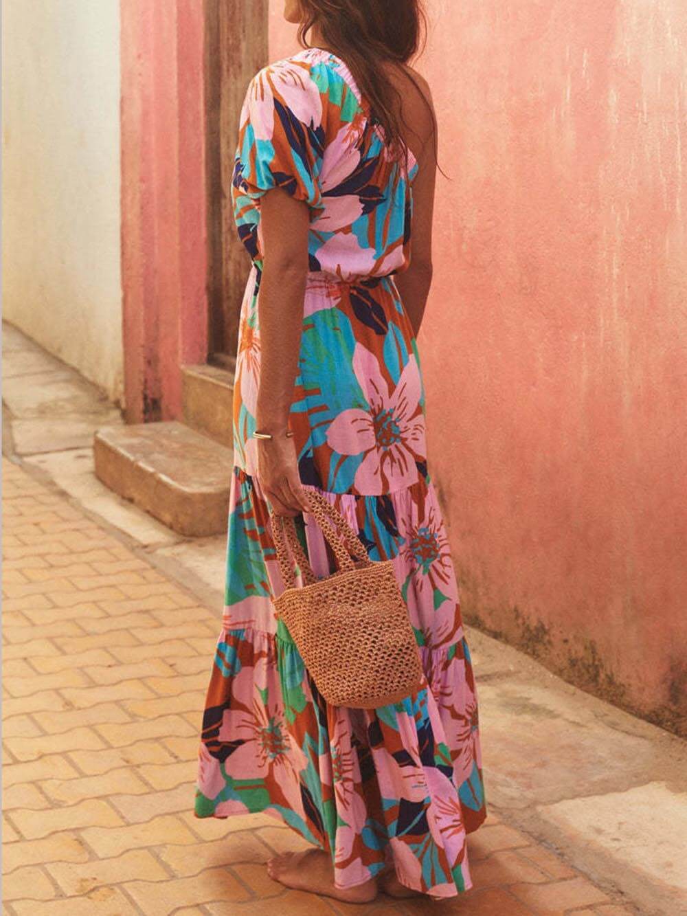 Off-Shoulder Palm Leaf Print Holiday Style Floral Dress Dresses