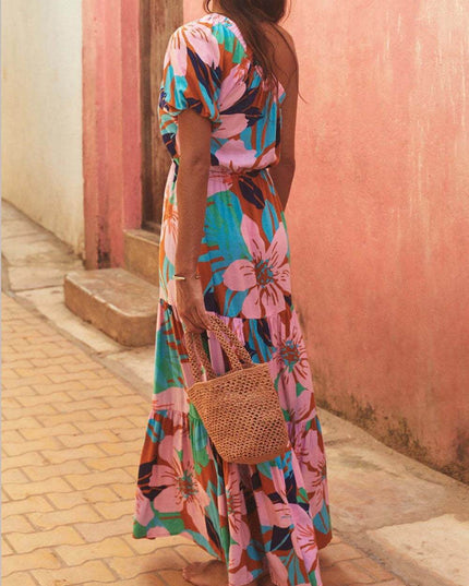 Off-Shoulder Palm Leaf Print Holiday Style Floral Dress Dresses