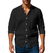 Men’s Stand‑Collar Long‑Sleeve Shirt with Pockets Black Shirts