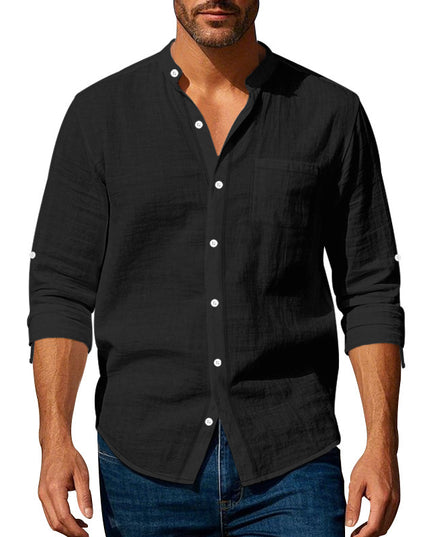 Men’s Stand‑Collar Long‑Sleeve Shirt with Pockets Black Shirts