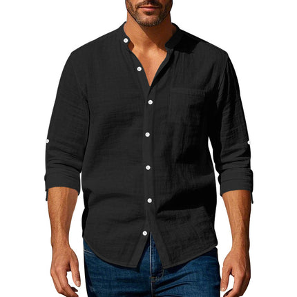 Men’s Stand‑Collar Long‑Sleeve Shirt with Pockets Black Shirts
