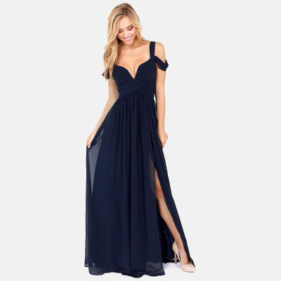 Elegant Greek Goddess Pleated Maxi Dress Blue Dresses