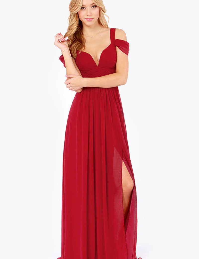 Elegant Greek Goddess Pleated Maxi Dress Wine Red Dresses
