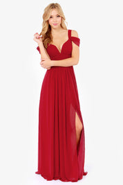 Elegant Greek Goddess Pleated Maxi Dress Wine Red Dresses