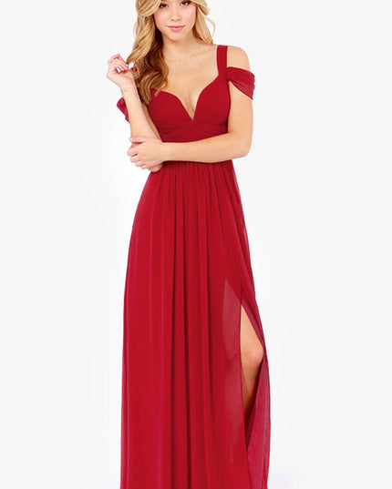 Elegant Greek Goddess Pleated Maxi Dress Wine Red Dresses