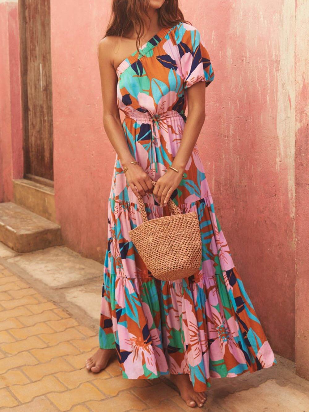 Off-Shoulder Palm Leaf Print Holiday Style Floral Dress Dresses