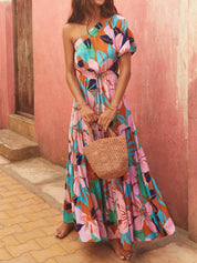 Off-Shoulder Palm Leaf Print Holiday Style Floral Dress Dresses