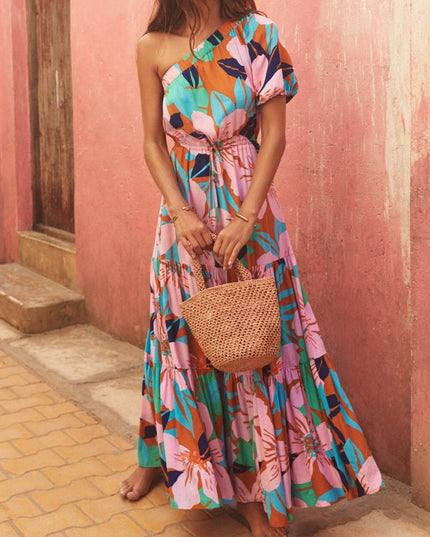 Off-Shoulder Palm Leaf Print Holiday Style Floral Dress Dresses