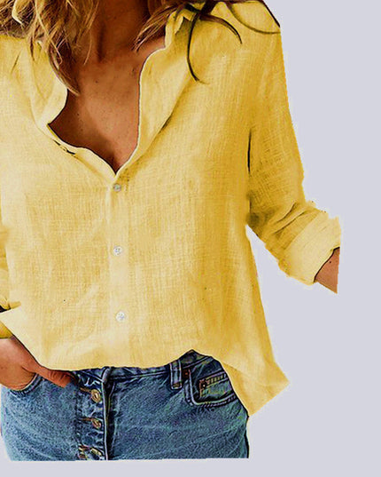 Women's Lapel Long Sleeve Button-Down Shirt Yellow Women Blouse