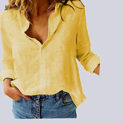 Women's Lapel Long Sleeve Button-Down Shirt Yellow Women Blouse