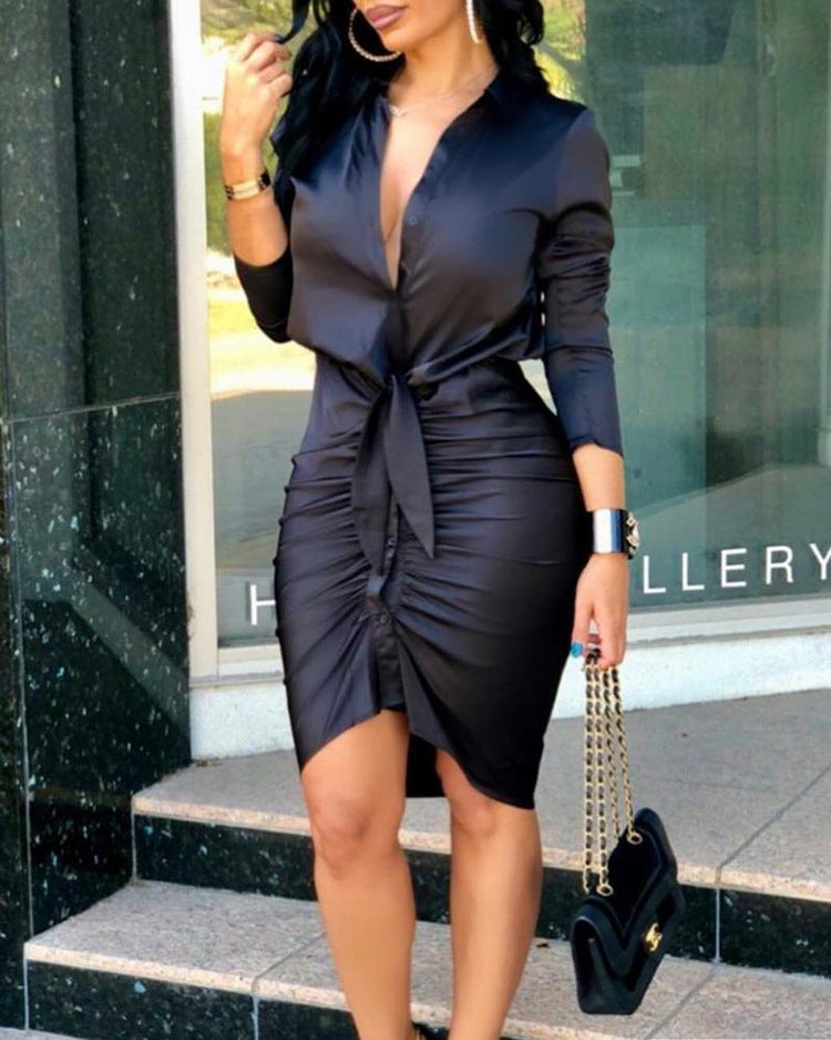 Elegant Lace-Up Long Sleeve Midi Shirt Dress Black Dresses