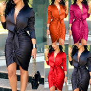 Elegant Lace-Up Long Sleeve Midi Shirt Dress Dresses