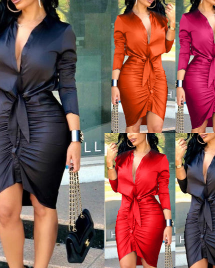 Elegant Lace-Up Long Sleeve Midi Shirt Dress Dresses