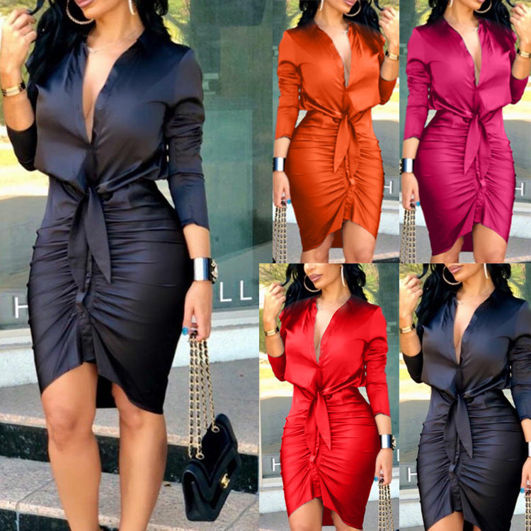Elegant Lace-Up Long Sleeve Midi Shirt Dress Dresses
