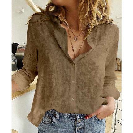 Women's Lapel Long Sleeve Button-Down Shirt Brown Women Blouse
