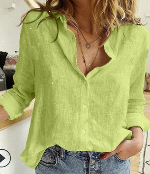 Women's Lapel Long Sleeve Button-Down Shirt Green Women Blouse
