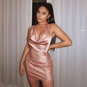 Satin V-Neck Backless Mini Dress Dresses