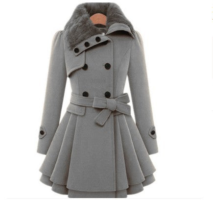 Slim Belted Woolen Mid‑Length Coat – Chic & Warm Grey Woolen Coat